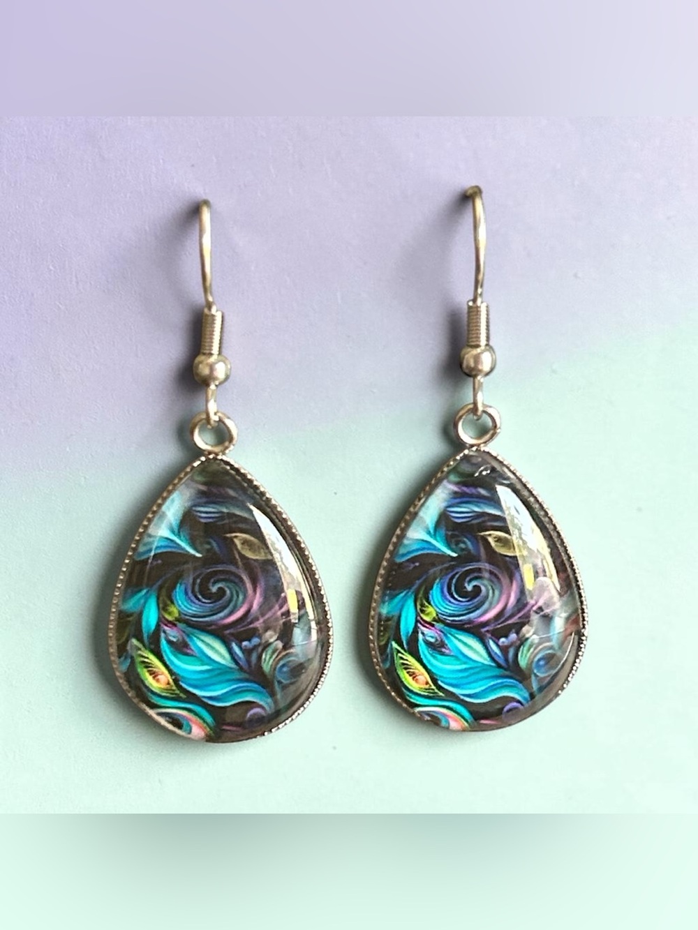 Purple & Blue Peacock Feather Pattern Cabochon Teardrop Swirl Dangle Earrings